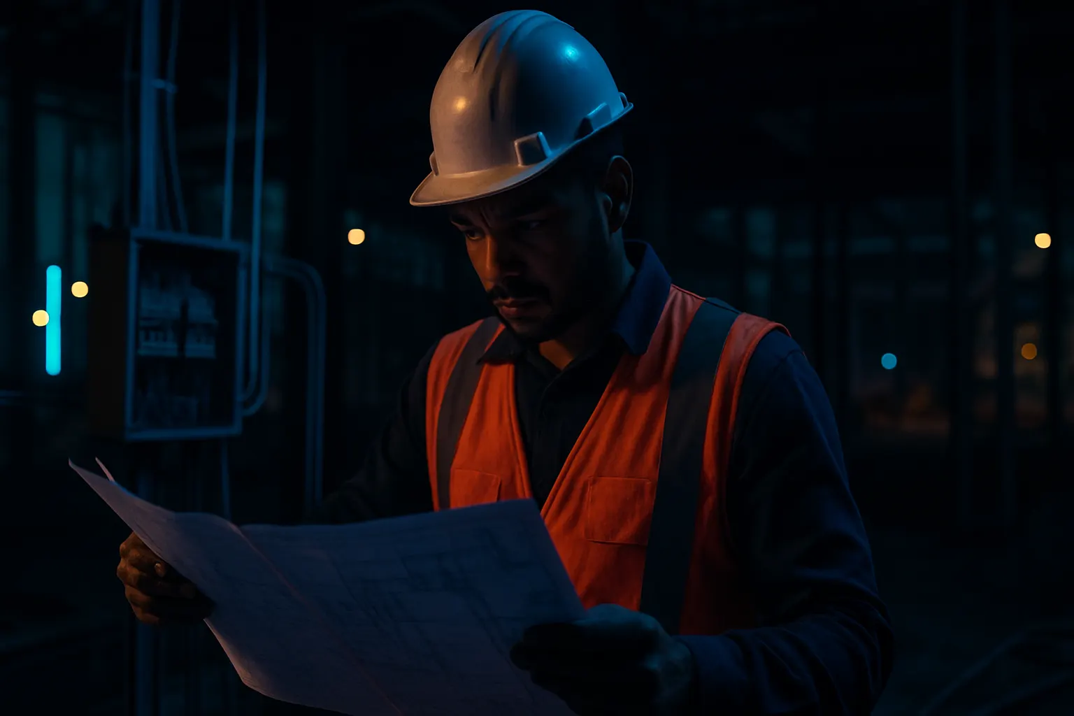 Ex-EPCista de capacete e colete revisando projeto elétrico em obra