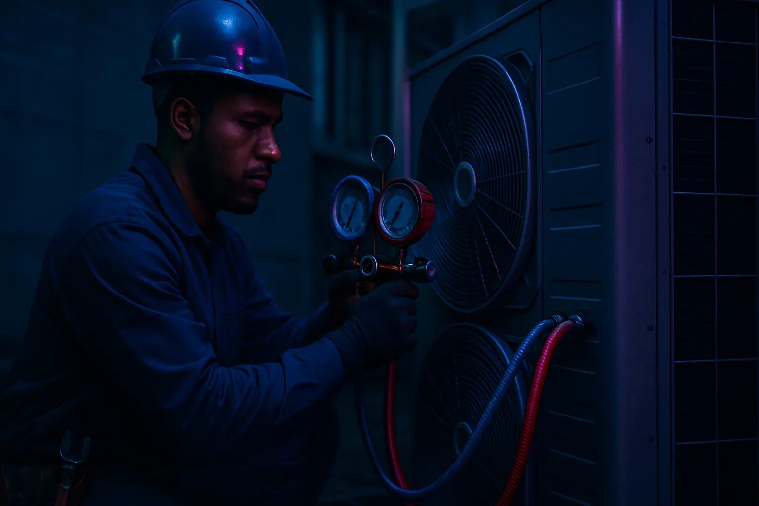 Técnico de refrigeração fazendo manutenção em condensador de ar-condicionado comercial